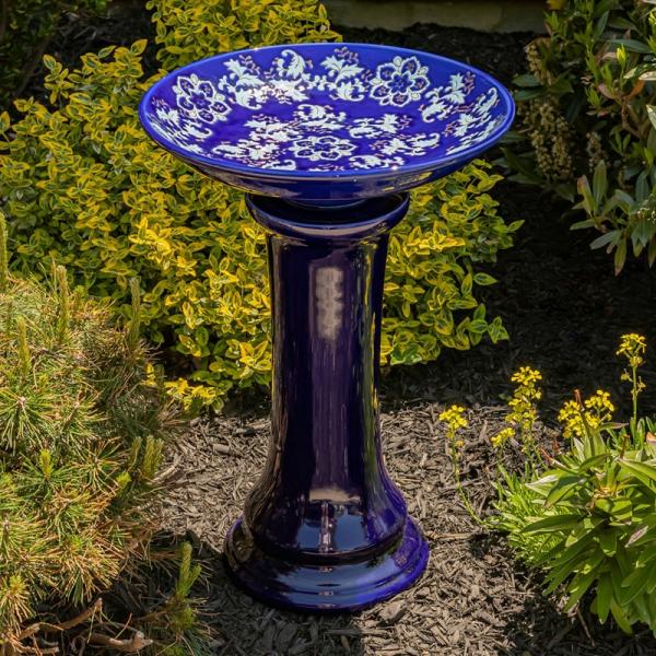 Backyard Birding |  24" Tall Porcelain Blue Birdbath Backyard Birding Backyard Birding