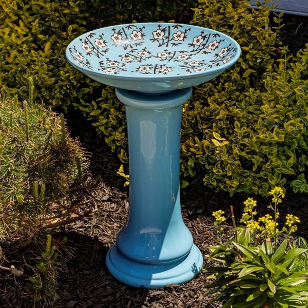 Backyard Birding |  24" Tall Porcelain Cherry Blossom Birdbath Backyard Birding Backyard Birding