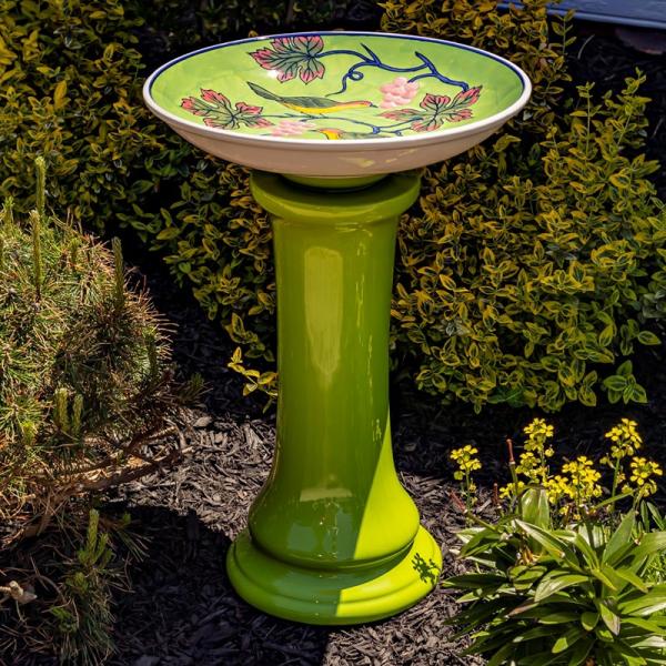 Backyard Birding |  24" Tall Porcelain Green With Birds And Grapes Birdbath Backyard Birding Backyard Birding