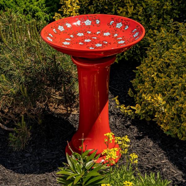 Backyard Birding |  24" Tall Porcelain Red Birdbath Backyard Birding Backyard Birding