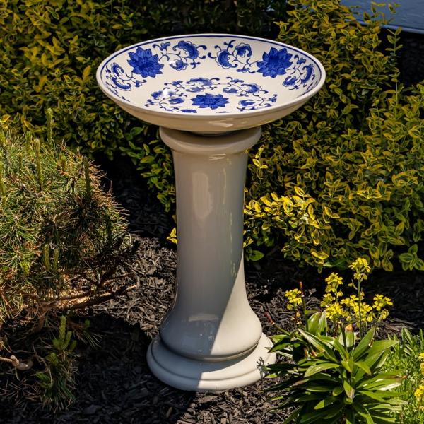 Backyard Birding |  24" Tall Porcelain White With Blue Flowers Birdbath Backyard Birding Backyard Birding