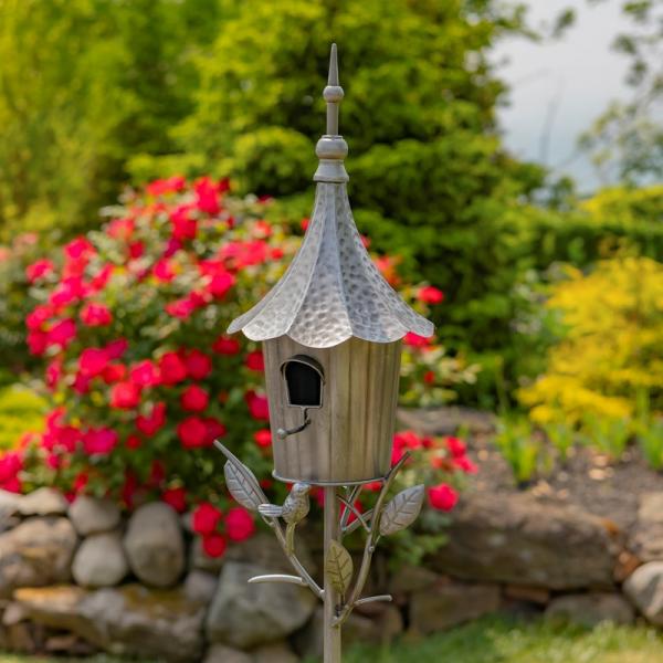 Backyard Birding |  63.75" Iron Antique Silver Birdhouse Stake Backyard Birding Backyard Birding