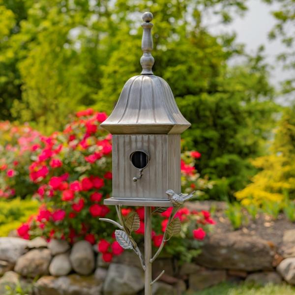 Backyard Birding |  64.5" Iron Antique Silver Birdhouse Stake Backyard Birding Backyard Birding