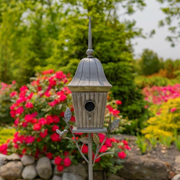 Backyard Birding |  64.5" Iron Antique Silver Birdhouse Stake Backyard Birding Backyard Birding