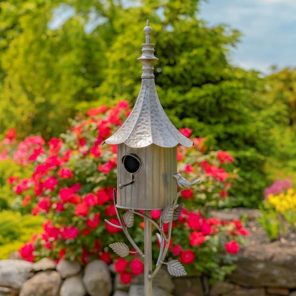 Backyard Birding |  64.75" Iron Antique Silver Birdhouse Stake Backyard Birding Backyard Birding