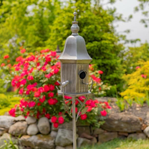 Backyard Birding |  64" Iron Antique Silver Birdhouse Stake Backyard Birding Backyard Birding