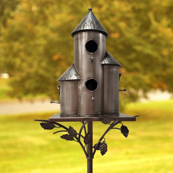 Backyard Birding |  Antique Silver Tall Cylinder Triple Birdhouse Backyard Birding Backyard Birding