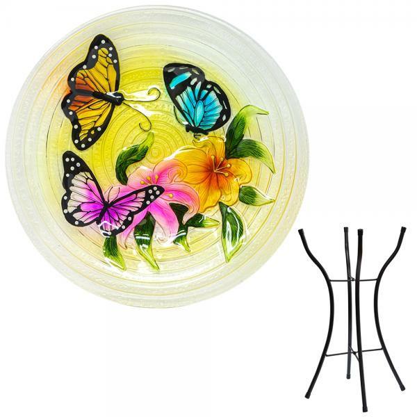 Backyard Birding |  Butterflies Glass Birdbath W/Stand Backyard Birding Backyard Birding