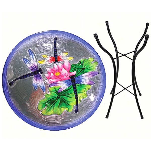 Backyard Birding |  Dragonflies Glass Birdbath W/Stand Backyard Birding Backyard Birding