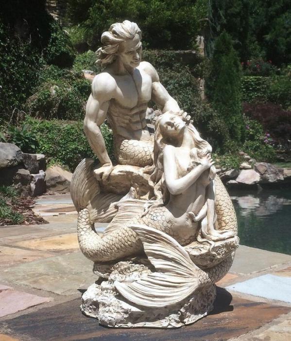 Garden Accents |  18" Mermaid & Merman Statue – Antique White Garden Garden Accents