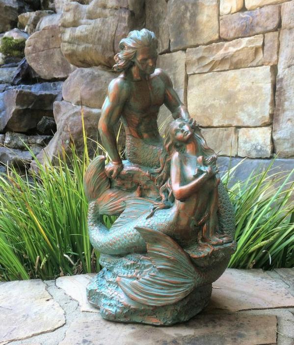 Garden Accents |  18" Mermaid & Merman Statue – Bronze Patina Garden Garden Accents