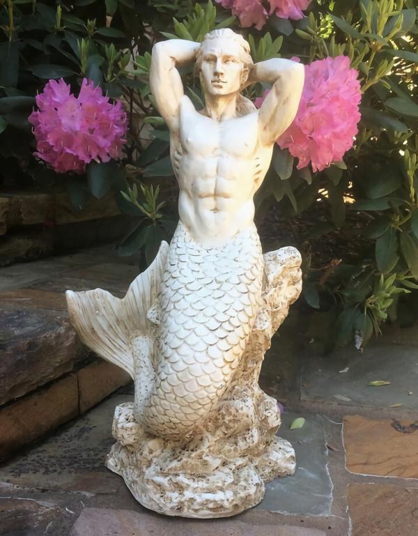 Garden Accents |  21" Merman Statue – Antique White Garden Garden Accents