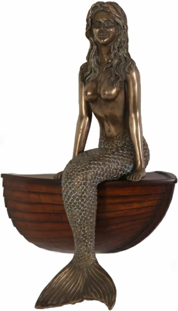 Garden Accents |  23" Sitting Bronze Mermaid W/Wood Finish Boat Garden Garden Accents