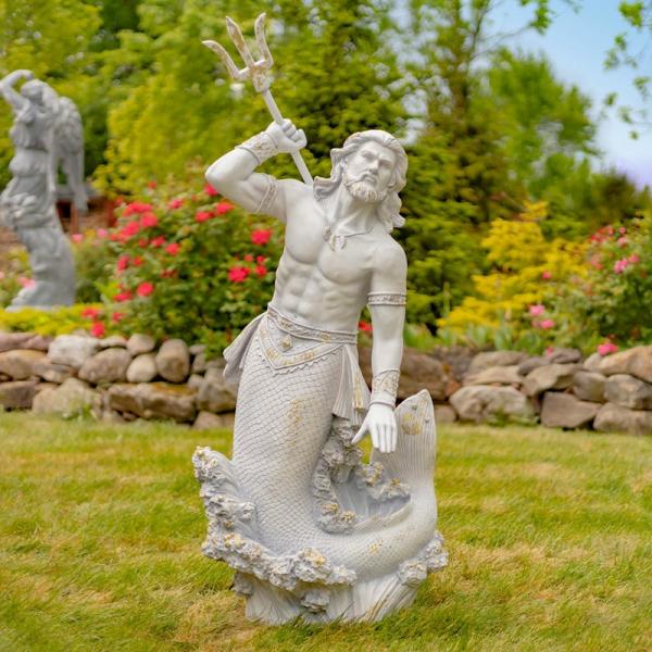 Garden Accents |  48" Antique Grey Magnesium Merman Throwing Trident Garden Garden Accents