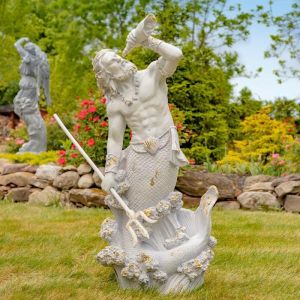 Garden Accents |  52" Antique Grey Magnesium Merman Holding Seashell Garden Garden Accents