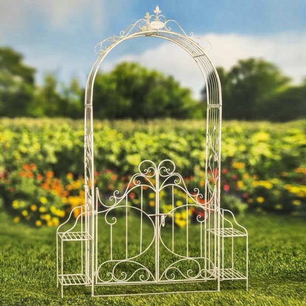 Garden Accents |  Iron Garden Gate Archway W/Plant Stands – Antique White Garden Garden Accents