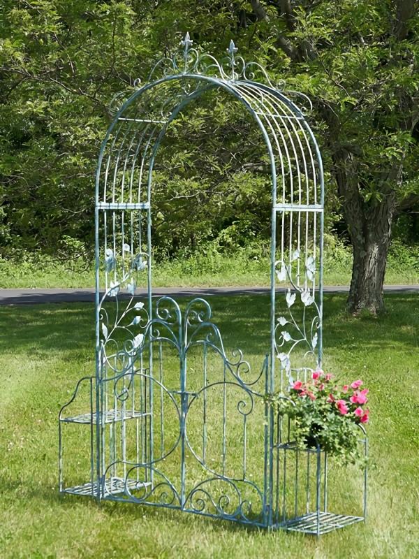 Garden Accents |  Iron Garden Gate Archway W/Plant Stands – Light Blue Garden Garden Accents