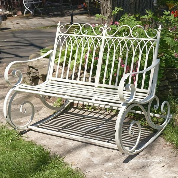 Garden Accents |  Iron Rocking Garden Bench – Antique White Garden Garden Accents