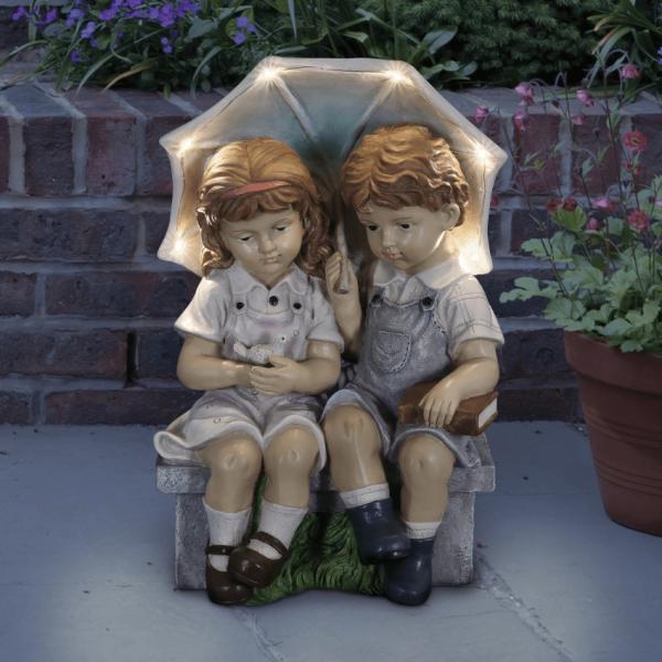 Garden Accents |  Solar Children With Umbrella Statue Garden Garden Accents