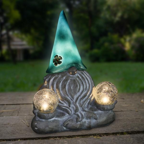 Garden Gnomes |  Solar Gray Gnamaste Gnome With Glass Balls Garden Garden Gnomes