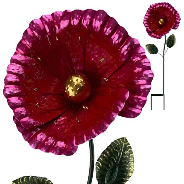 Garden Stakes |  Metal Poppy Flower Garden Stake – Pink Garden Garden Stakes