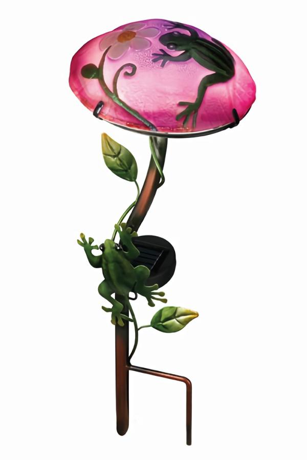 Garden Stakes |  Pink Solar Mushroom Light Stake W/ Frogs & Daisies Garden Garden Stakes