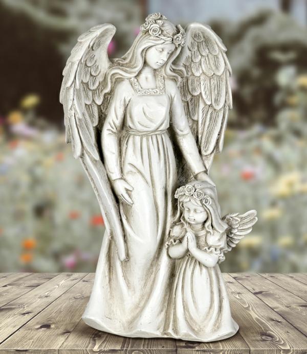 Garden Statues |  14" Angel W/Led Flower Halo W/Girl & Timer Garden Garden Statues