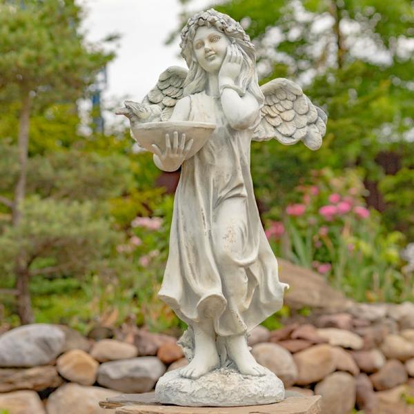 Garden Statues |  39" Antique White Magnesium Angel Holding Birdbath Garden Garden Statues