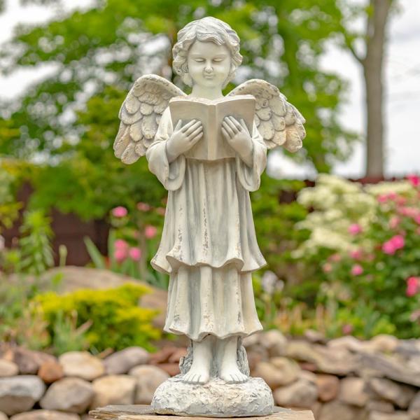 Garden Statues |  39" Antique White Magnesium Angel Holding Book Statue Garden Garden Statues