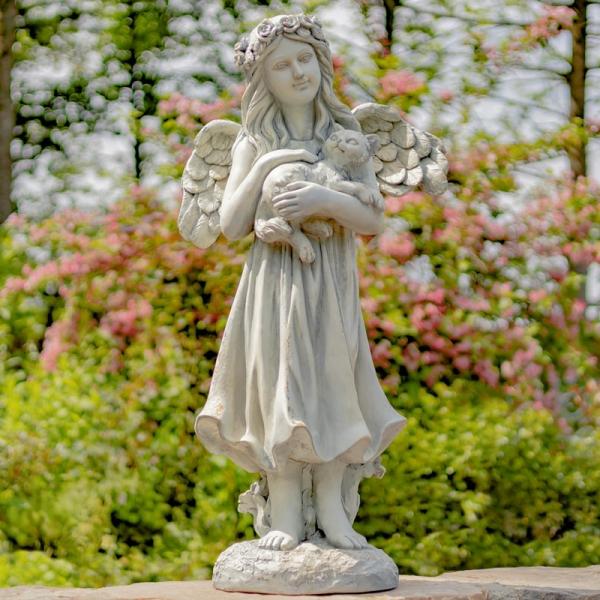 Garden Statues |  39" Antique White Magnesium Angel Holding Cat Statue Garden Garden Statues