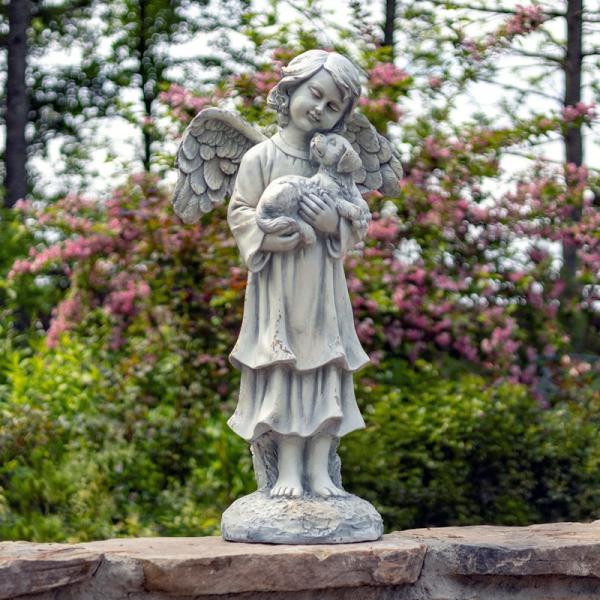 Garden Statues |  39" Antique White Magnesium Angel Holding Dog Garden Garden Statues