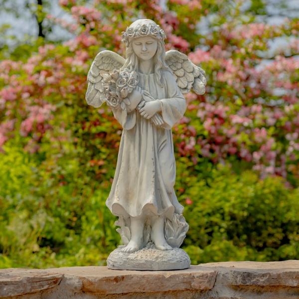 Garden Statues |  39" Antique White Magnesium Angel Holding Flower Bouquet Statue Garden Garden Statues