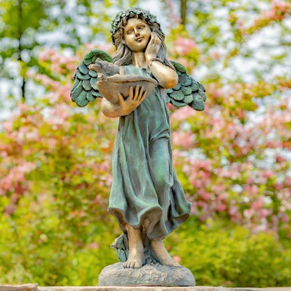 Garden Statues |  39" Bronze Magnesium Angel Holding Birdbath Garden Garden Statues