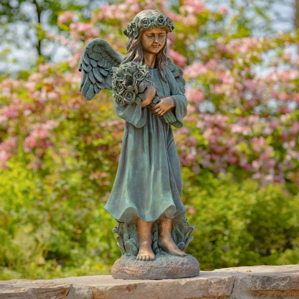 Garden Statues |  39" Bronze Magnesium Angel Holding Flower Bouquet Statue Garden Garden Statues