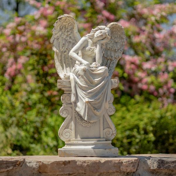 Garden Statues |  Antique Grey Magnesium Angel Sitting On Pillar Statue Garden Garden Statues