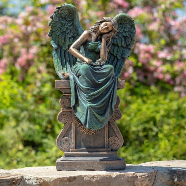 Garden Statues |  Bronze Magnesium Angel Sitting On Pillar Statue Garden Garden Statues