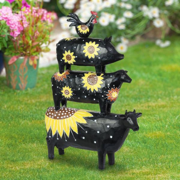 Garden Statues |  Stacked Farm Animals With Sunflowers Garden Garden Statues