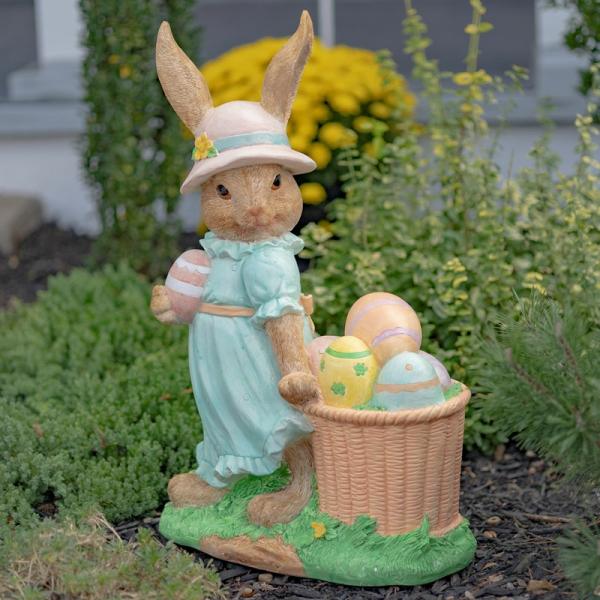 Holiday Decor |  24" Magnesium Easter Rabbit With Sun Hat And Basket Statue Garden Holiday Decor