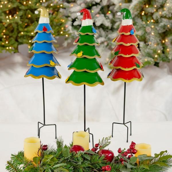 Holiday Decor |  Christmas Trees Wearing Santa Hats Yard Stakes (Set Of 3) Garden Holiday Decor