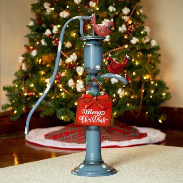 Holiday Decor |  Old Style Blue Water Pump Decoration With "Merry Christmas" Sign Garden Holiday Decor