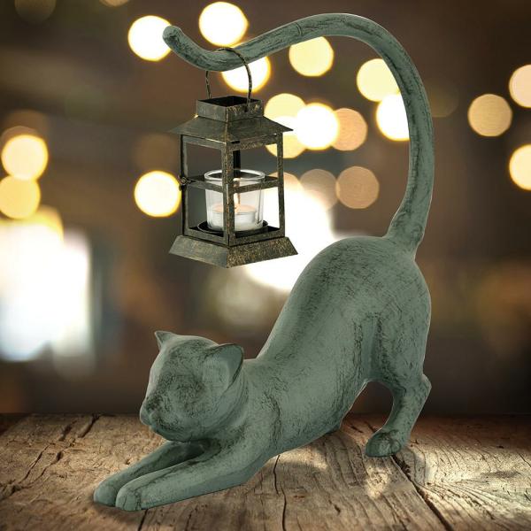 Holiday Decor |  Stretching Cat With Garden Lantern Garden Holiday Decor