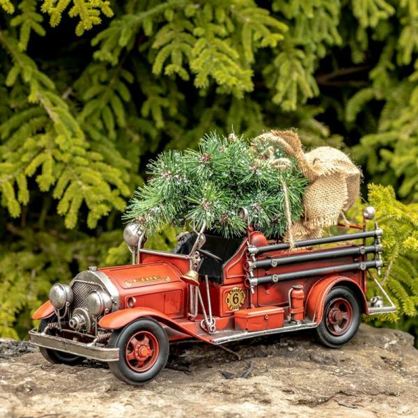 Holiday Decor |  Vintage Fire Truck With Christmas Tree Garden Holiday Decor