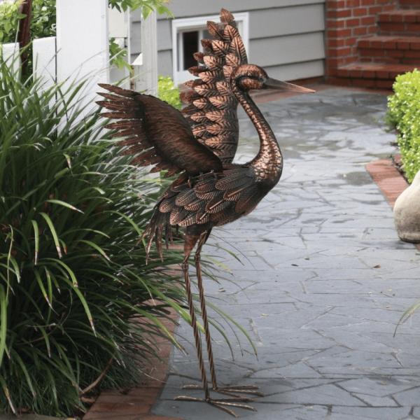 Metal Birds |  27" Bronze Crane – Wings Up Garden Metal Birds