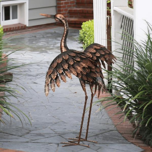 Metal Birds |  28" Bronze Crane – Wings Out Garden Metal Birds