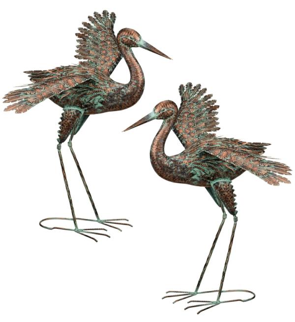 Metal Birds |  32" Green Patina Cranes – Wing Out (Set Of 2) Garden Metal Birds