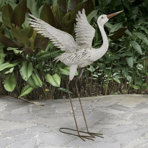 Metal Birds |  37" Metal Egret – Wings Up Garden Metal Birds