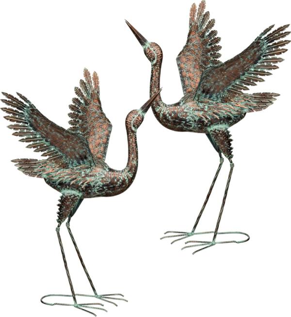 Metal Birds |  38" Green Patina Crane – Wing Up (Set Of 2) Garden Metal Birds