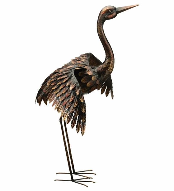 Metal Birds |  44" Large Bronze Crane – Wings Out Garden Metal Birds