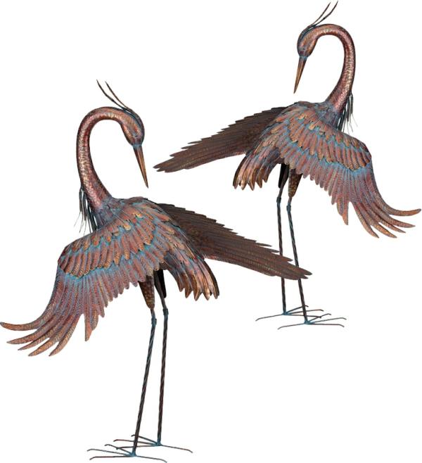 Metal Birds |  44" Preening Copper Patina Herons (Set Of 2) Garden Metal Birds