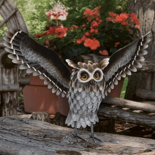 Metal Birds |  Grey Horned Owl Statue – Wings Up Garden Metal Birds